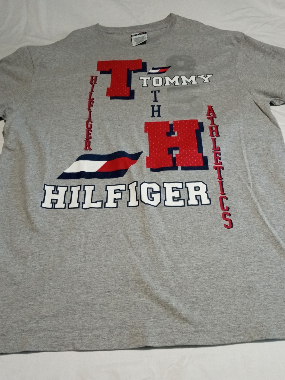 Vintage Tommy Hilfiger Gray Tee with Red & Navy Logo Graphics